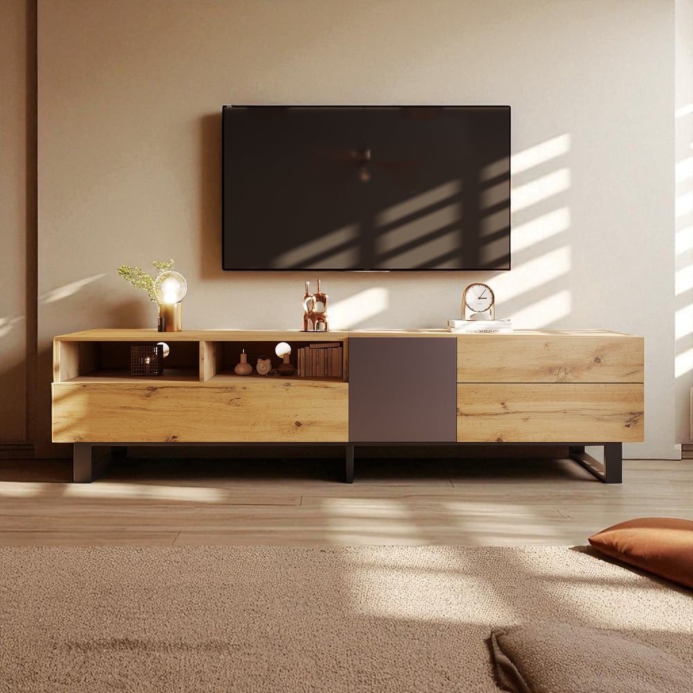 70.9" Modern TV Stand for 80" TV, Media Console with Drop-Down Doors, 2 Drawers, Adjustable Shelf, Cable Management