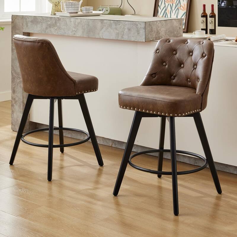 Bar Stools Set of 2, 26" Seat Height Barstools, Swivel Bar Chairs with Upholstered, Footrest, Backrest and Metal Legs
