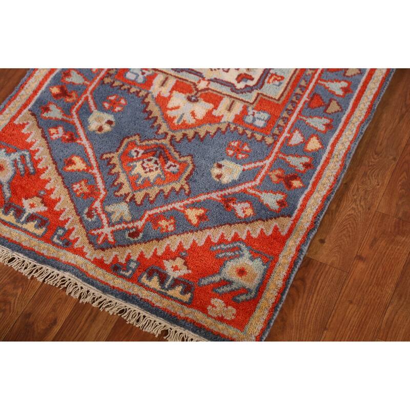 Blue Geometric Heriz Serapi Indian Runner Rug Hand-Knotted Wool Carpet - 2'4" x 7'11"