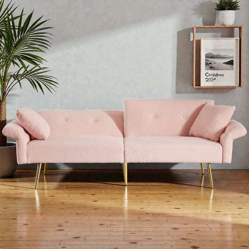 Modern Teddy Loveseat Sofa with Side Pocket, Folding Sleeper Sofa Bed with Adjustable Backrest and Golden Metal Legs