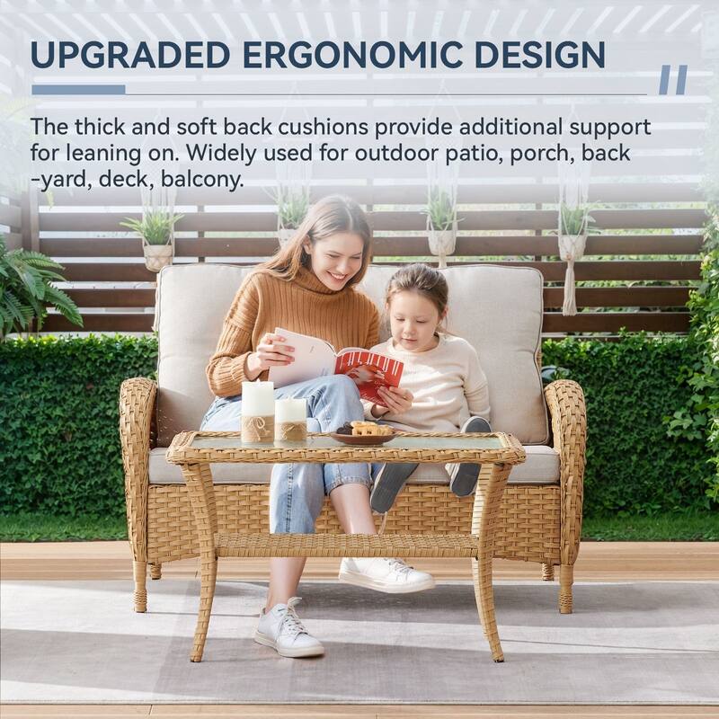 Gymojoy Outdoor Wicker Loveseat with Coffee Table and Outdoor Cushions