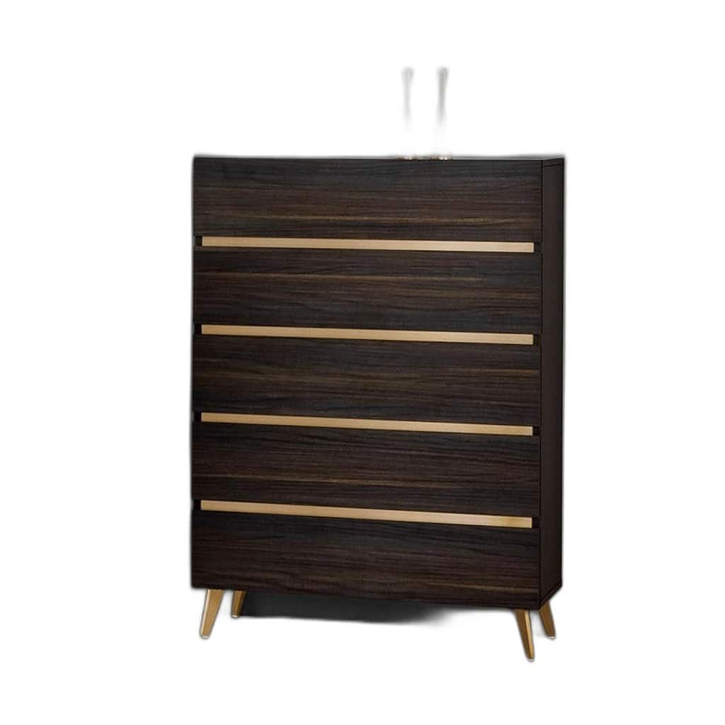 HomeRoots 33" Drk Brown White Marble Manufactured Wood + Solid Wood Stainless Steel Five Drawer Standard Chest