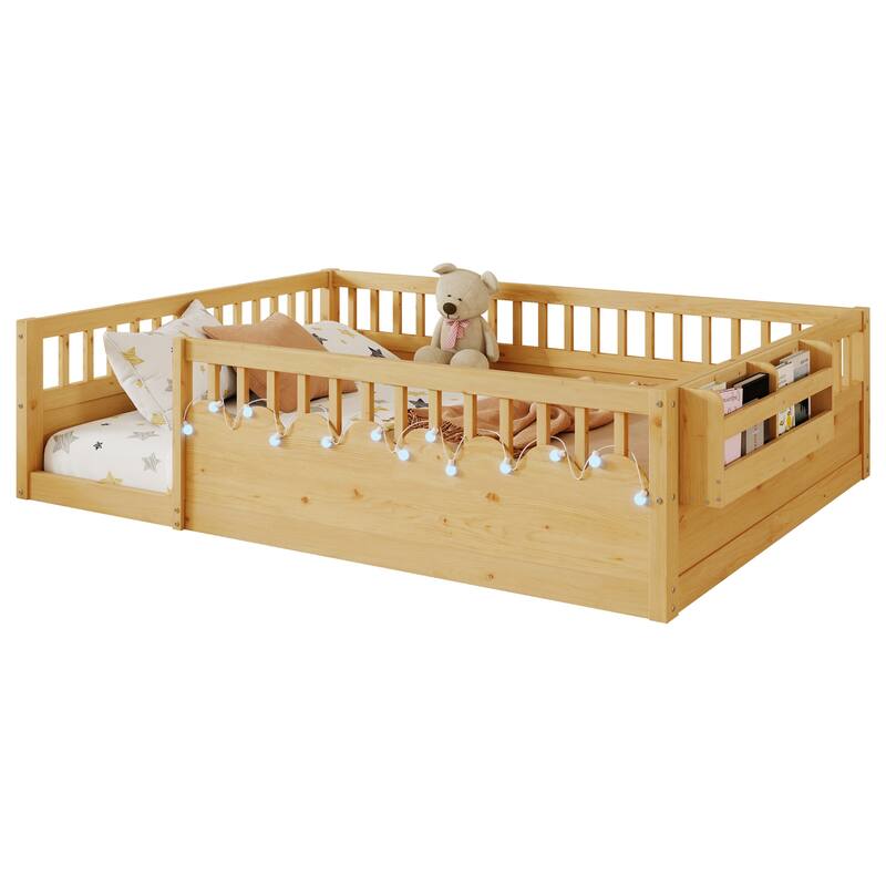 Wooden Kids Montessori Floor Bed with LED Light and Storage Shelf, No Slats
