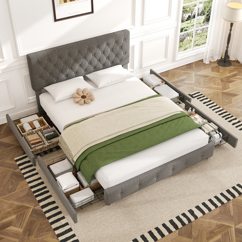 Linen Upholstered Headboard Bed Frame with Large Hidden Storage, 4 Underbed Drawers with Pulleys