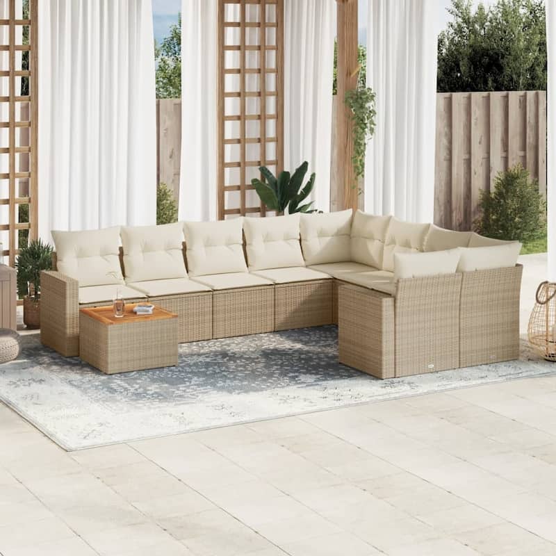 vidaXL Patio Sofa Set with Cushions Outdoor Furniture 10 Piece Poly Rattan - 21.7 x 21.7 x 14.6 - Beige Table + 2xcorner + 5x middle