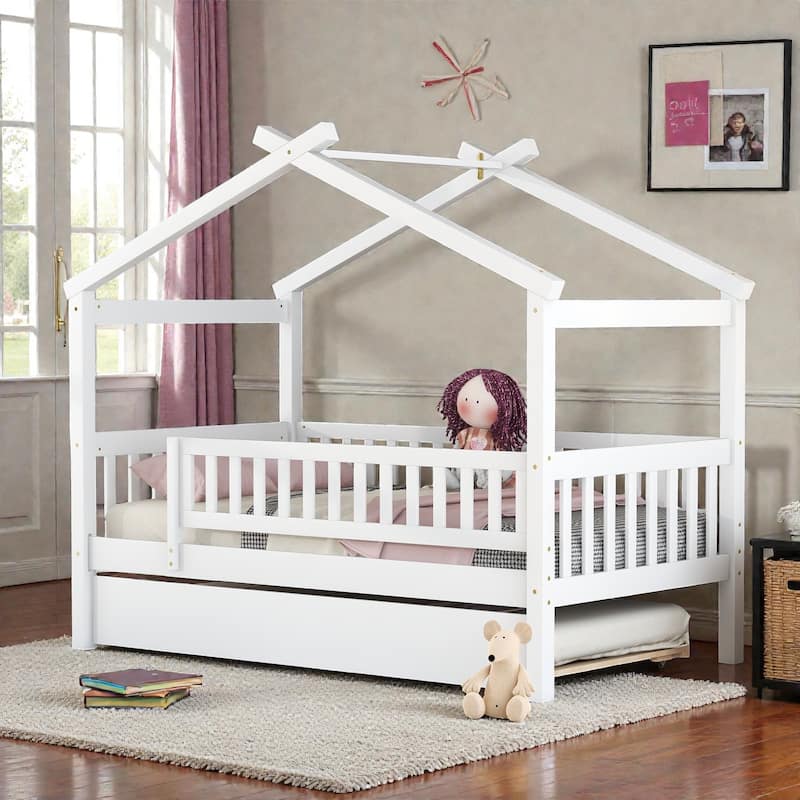Twin/Full Wooden House Bed with Twin Trundle, Kids Platform Bed Frame with Roof Design, Solid Pine Wood