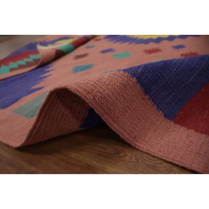 Hand Woven Oriental 100% Wool Carpet Southwestern Tribal Pink Kilim Area Rug - 9' 6'' X 8' 3''
