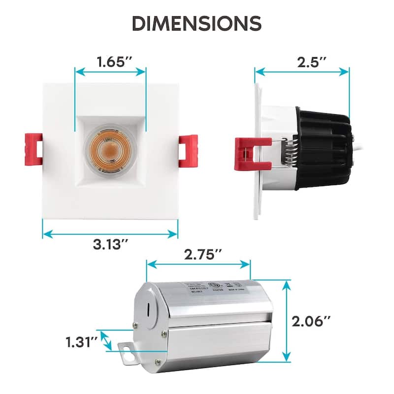 Luxrite 2 Inch Square LED Recessed Light with J-Box, 8W, 600 Lumens, Dimmable, Regressed, Energy Star, IC (6 Pack)