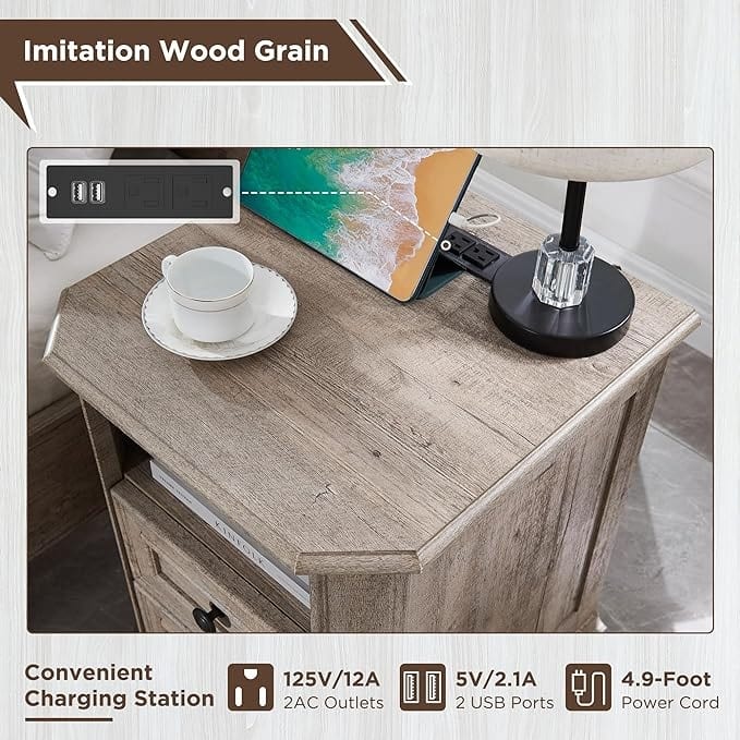 18" Farmhouse Nightstand with Charging Station, End Table,Side Table