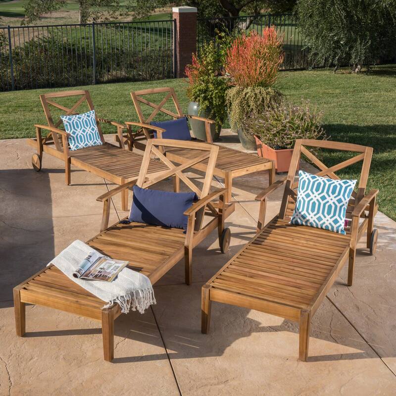 Perla Outdoor Acacia Wood Chaise Lounge (Set of 4) by Christopher Knight Home - Brown