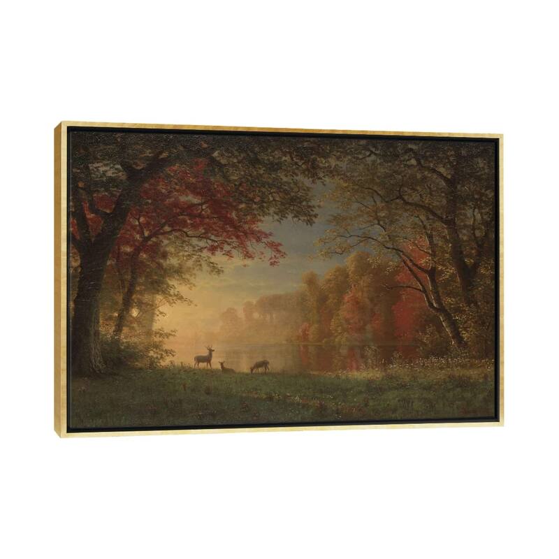 iCanvas "Indian Sunset- Deer By A Lake., c.1880-90" by Albert Bierstadt Framed Canvas Print - Gold - 18x26