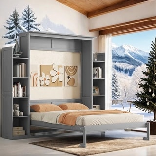 Contemporary Queen Size Murphy Bed Wall Bed with Shelves and LED Lights ...