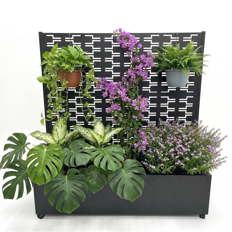 47"*47"*16" Galvanized Raised Garden Bed with Trellis, Planter Box with Privacy Screen - Black