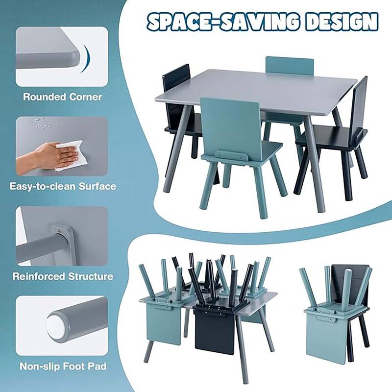 5 PCS Kids Wooden Activity Table 4 Chairs Play Set w/ Building Blocks