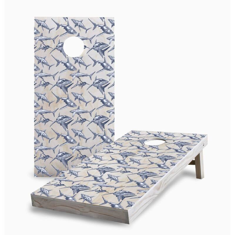 Shark on Wood Pattern Cornhole Game (Choose Wraps or Boards) - 2x4 Boards (24" x 48") - Include Carrying Case