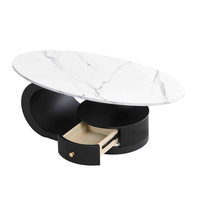 Modern Nesting Coffee Table Side Table with Artificial Marble Top and Drawers, for Living Room, 2-Piece Set