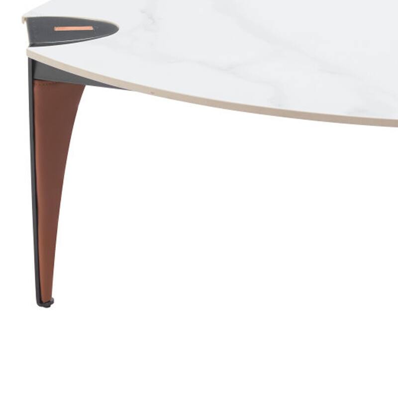 HomeRoots 36" White and Black Sintered Stone Faux Leather And Steel Triangle Coffee Table - 36' X '15.2' X '36