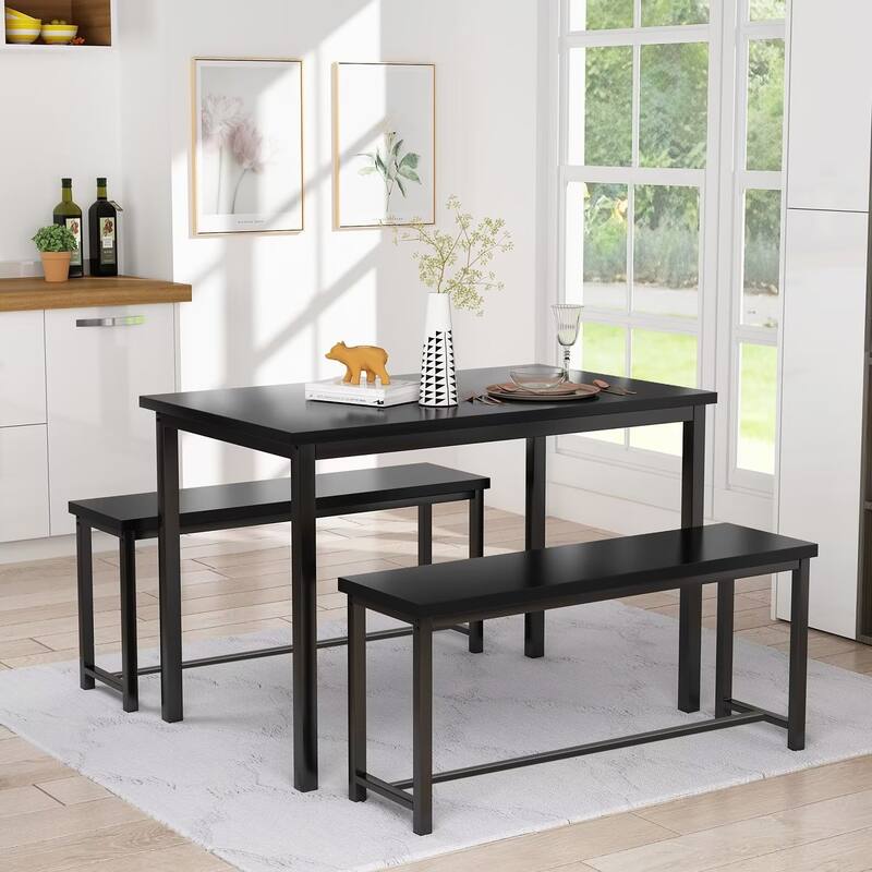 Eureka Industrial 3-piece Dining Set, Modern Kitchen Dining Table with Two Benches for Home, Kitchen, Dining Room, Bar