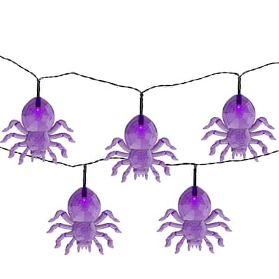 10-Count Pre-Lit LED Purple Spider Halloween Lights 6ft Black Wire
