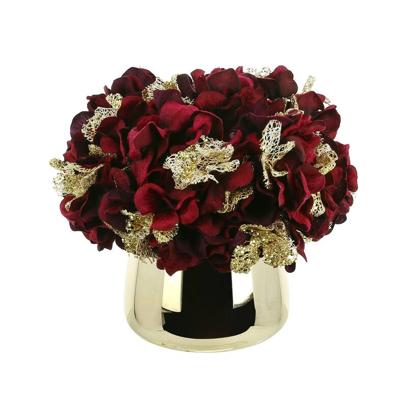 Hydrangea Holiday Arrangement in a Glass Vase - Burgundy, Gold - 9Hx9Wx9D