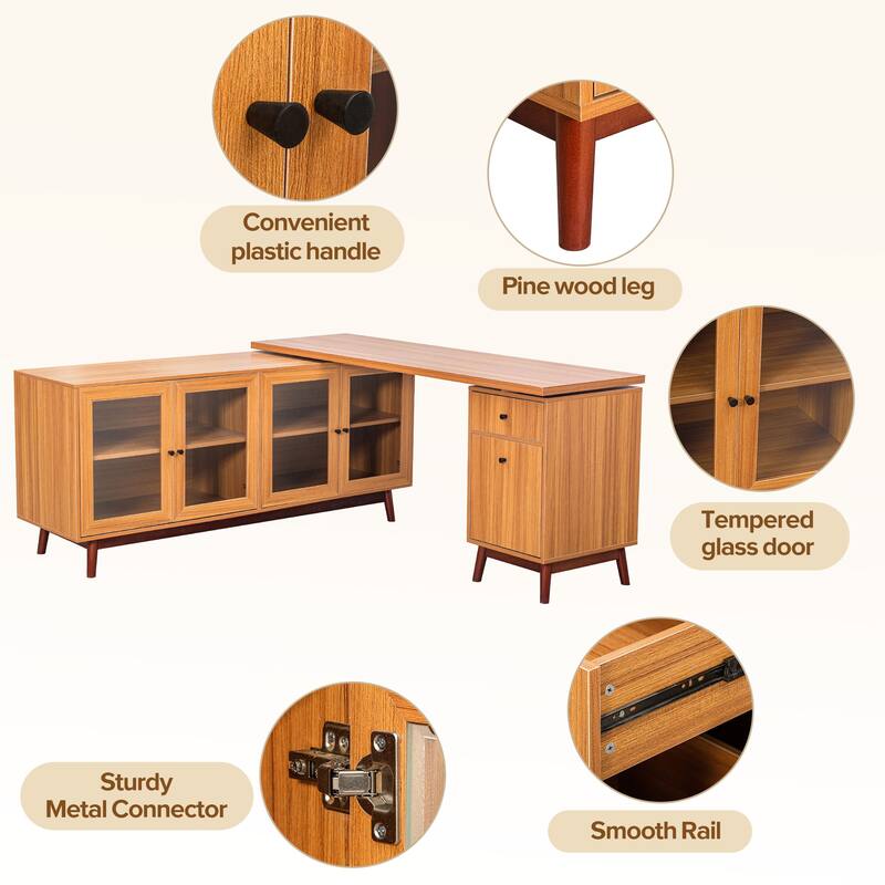 66.5" Large Office Desk with Drawers, Modern L-shaped Desk with Delicate Tempered Glass Cabinet Storage, Business Desk
