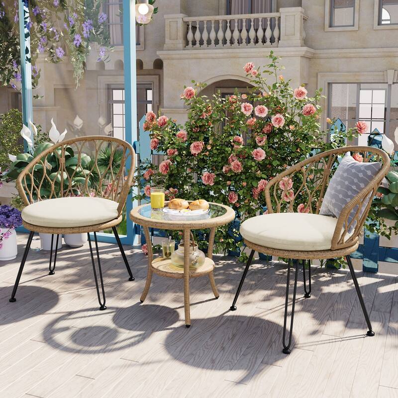 Outdoor Leisure Set, 2 Rattan Single Chairs with A Glass Round Table, Perfectly Suited for Patios, Balconies, and Courtyards - Beige+Natural
