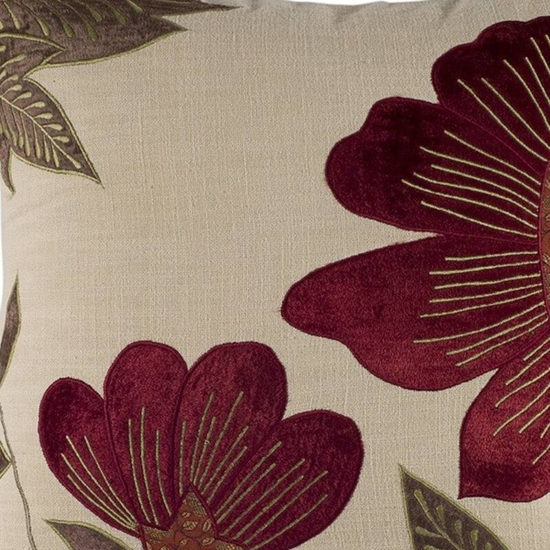HomeRoots 18" Beige and Red Floral Throw Pillow With Embroidery