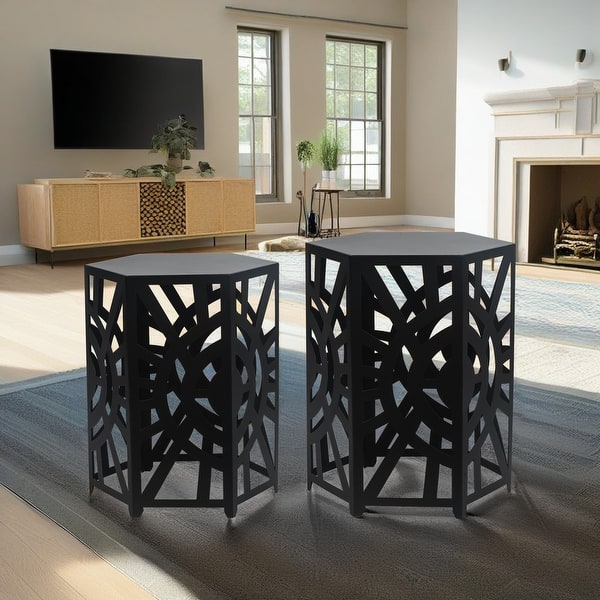 slide 2 of 9, Adeco Set of 2 Hexagon Metal Nesting Side End Tables Set Black