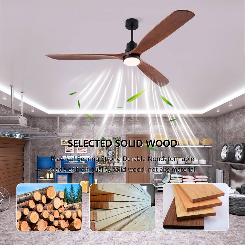 72 Inch Modern Ceiling Fan With 3 Color Dimmable 3 Solide Wood Blades Remote Control Reversible DC Motor With LED Light