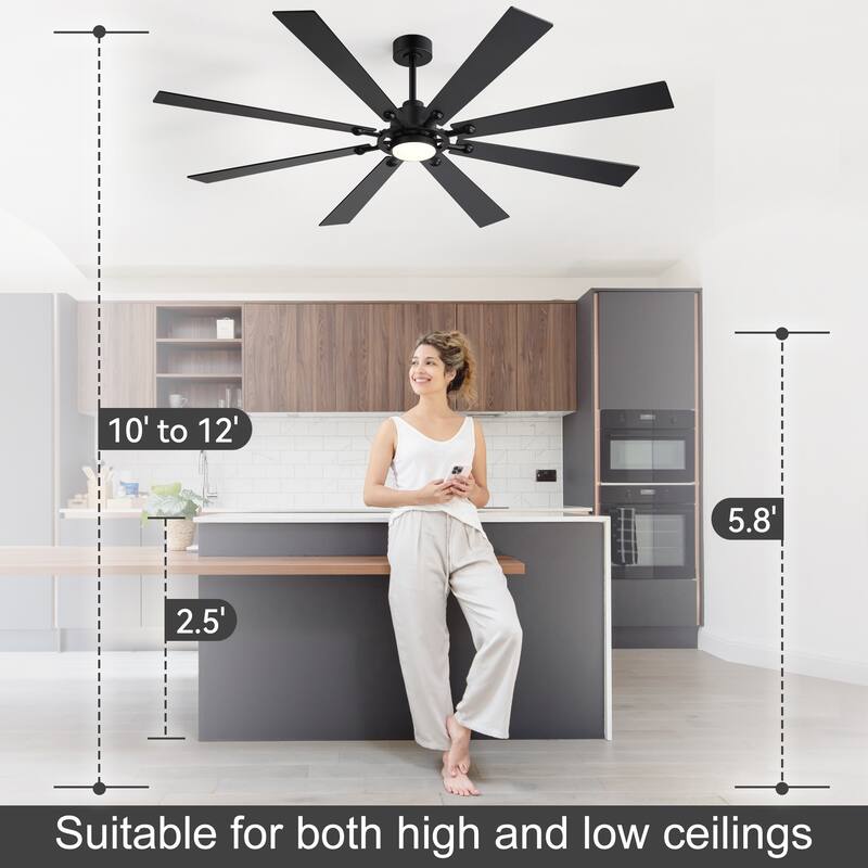 Large 72" Reversible 8-Blade Integrated Ceiling Fan with LED Light and Remote