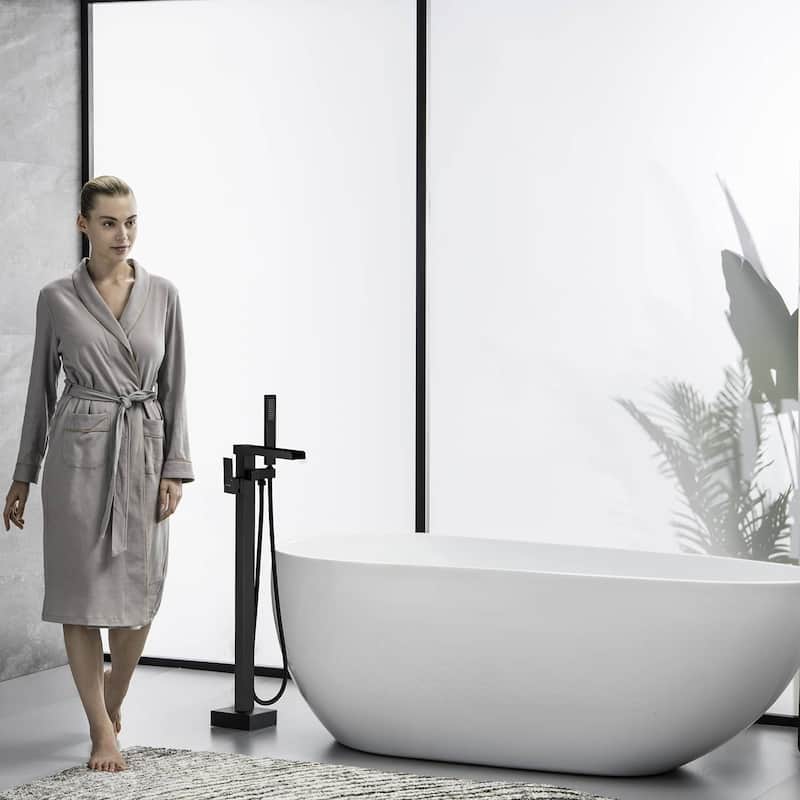 Freestanding Tub Faucet With Hand Shower Waterfall Tub Filler Floor Mount Bathtub Faucet With Handheld Shower