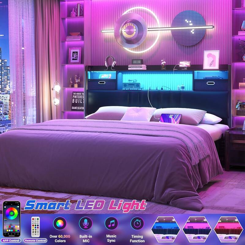 Upholstered Headboard with Drawer Storage and RGB LED Light, Sturdy Headboard with Charging Station ＆ Bookcase