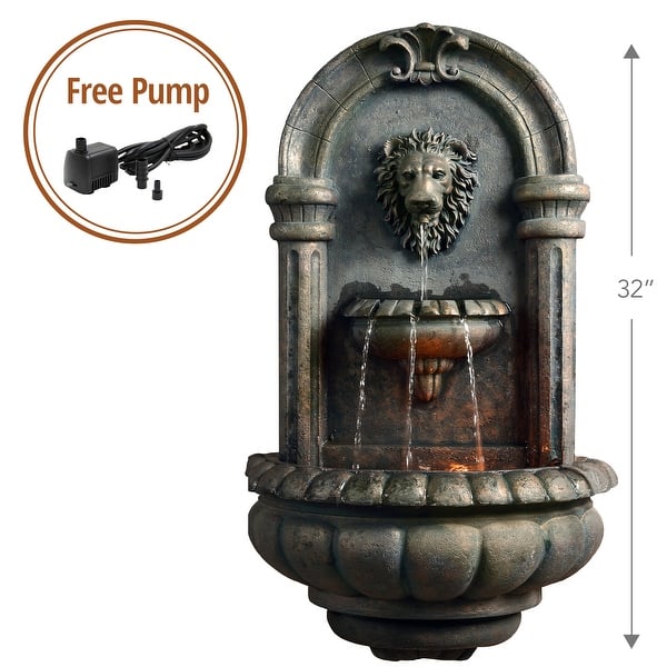 Teamson Home - Outdoor Royal Lion Head Wallfall Fountain w/ LED Light