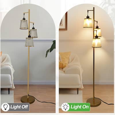 Modern 3-Light Tree Floor Lamp With Acrylic Shades, Antique Brass Standing Lamp For Living Room & Bedroom