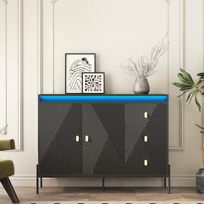 Buffets & Sideboards, Fluted Sideboard Cabinet, 2 Door 3 Drawer Design, with Led Lights,Acceent Black Sideboard