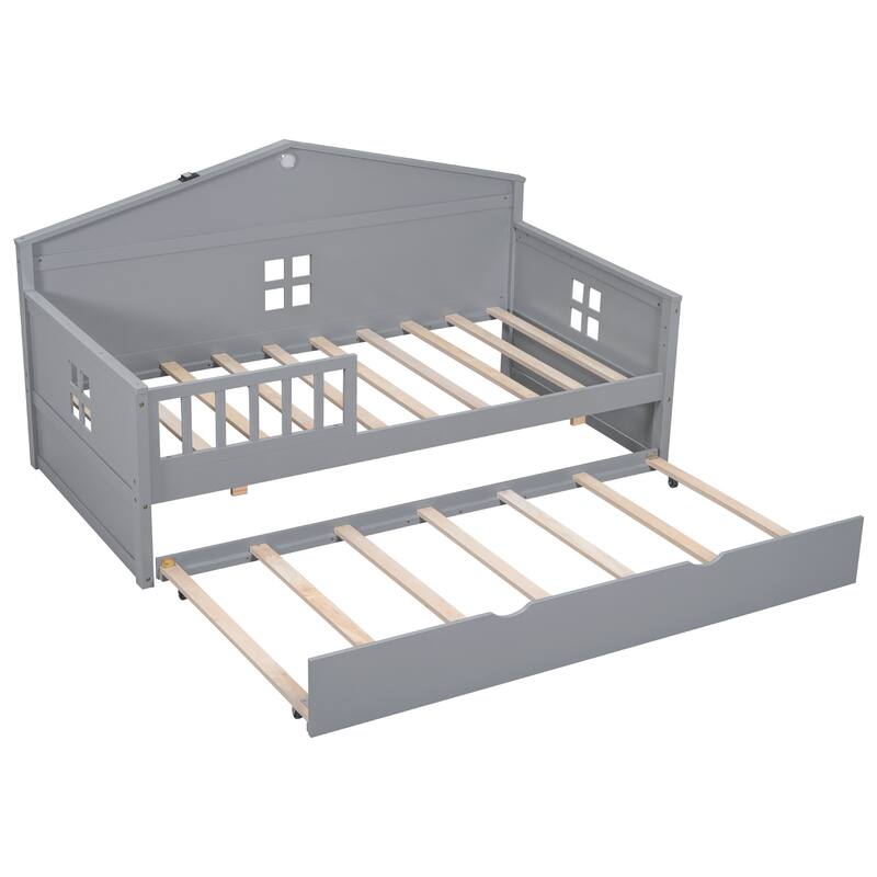 Twin size Wooden Daybed with Trundle and sensor light, Easy to assemble, suitable for bedroom