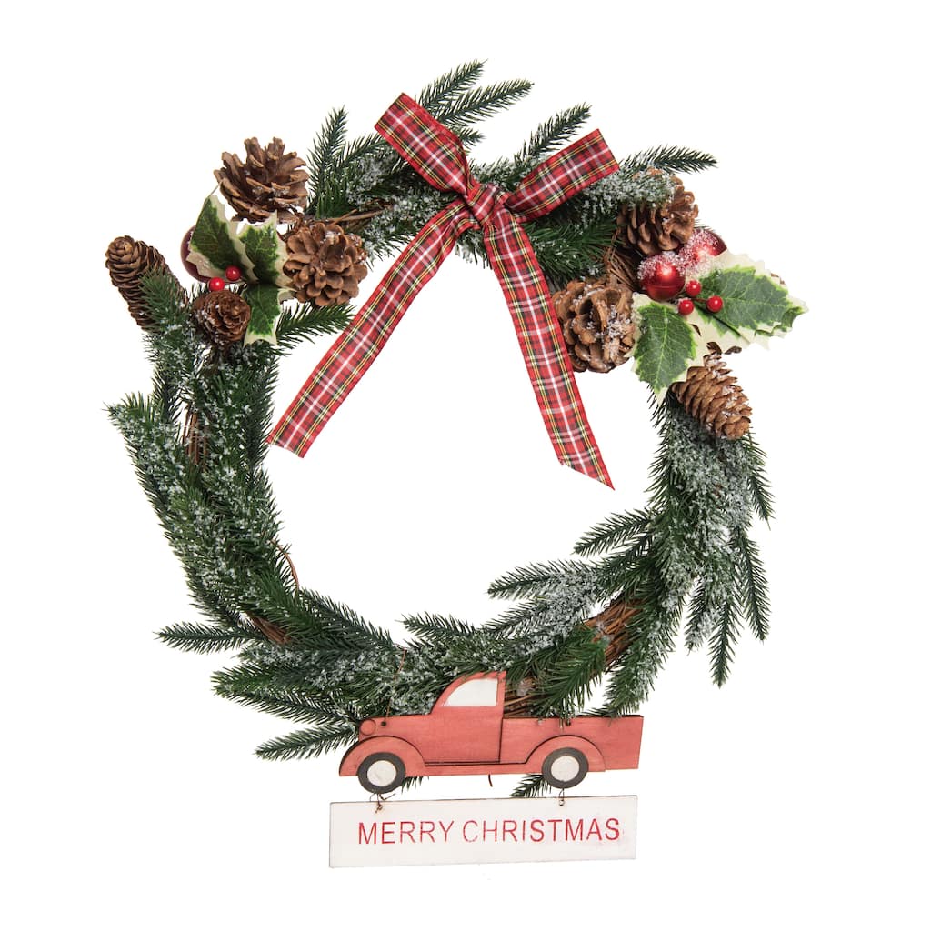 Transpac Artificial 17.72 in. Multicolor Christmas Truck and Checkered Ribbon Wreath