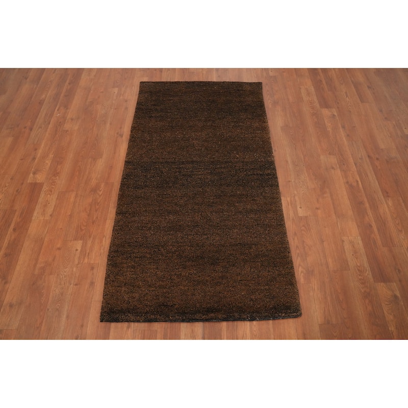 Hand Knotted Oriental 100% Wool Carpet Modern Solid Brown Gabbeh Runner Rug - 4' 6'' X 2' 5''