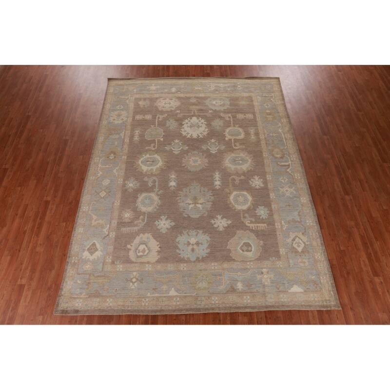 Hand Knotted Oriental 100% Wool Carpet Transitional All-Over Brown Oushak Area Rug - 11' 10'' X 9' 0''