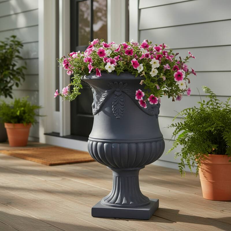 Christopher Knight Home - Fernrise 24.80"H Outdoor Classical Floral Relief Carvings MGO Urn Planter, Drainage Hole & Ventilation