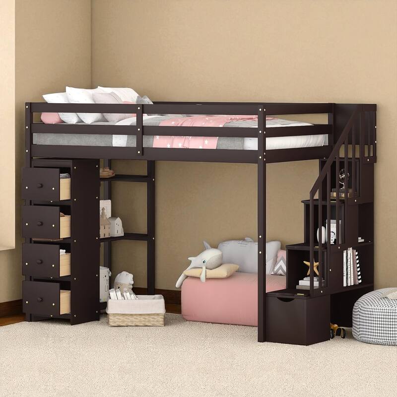 Twin Size Wooden Loft Bed with Drawers, Shelves, and Stairs for Kids Teens, No Box Spring Required