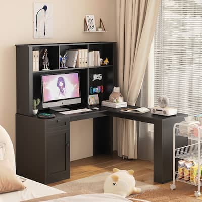 Home Office L Shaped Desk,Computer Desk with Drawers,Bookshelf & Hutch