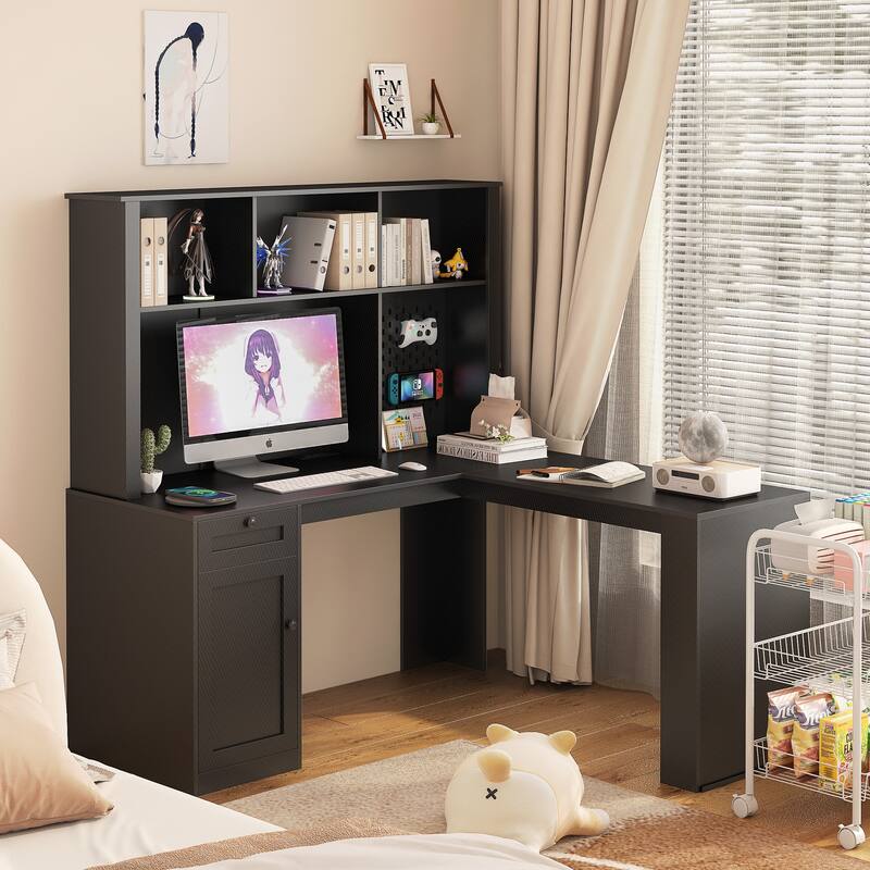 L Shaped Computer Desk with Outlet,Bookshelf & Hutch