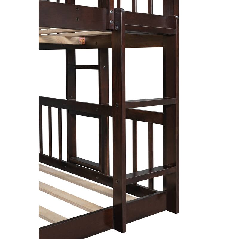 Full-Over-Full-Over-Full Triple Bed with Built-in Ladder and Slide , Triple Bunk Bed with Guardrails, Espresso