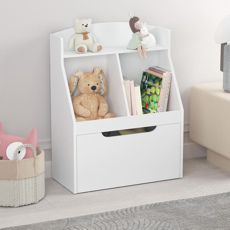 Kids Bookshelf with Drawer and Wheels, Children's Book Display, Wooden Bookcase, Toy Storage Cabinet Organizer, White - White