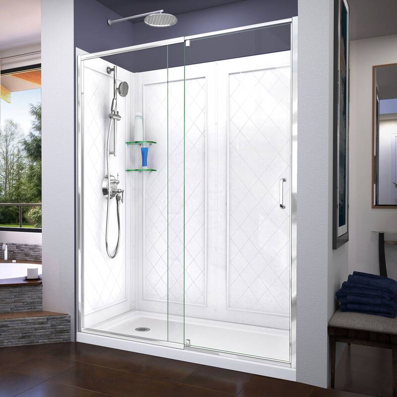 DreamLine Flex 30 in. D x 60 in. W x 76 3/4 in. H Pivot Shower Door, Shower Base and Backwall Kit - 30" x 60" - 30" x 60" - Chrome Finish Left Drain