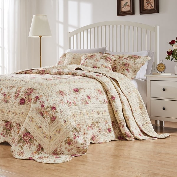 slide 2 of 6, Greenland Home Fashions Antique Rose 100% Cotton Pieced Frame Reversible Bedspread Set Ecru - Oversized King