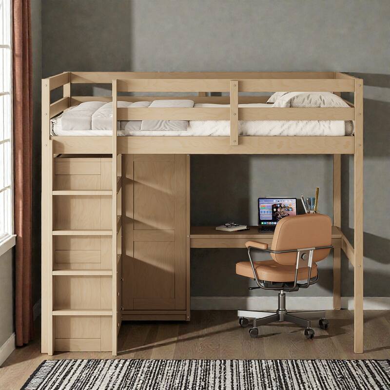 Full Size Wood Loft Bed with Wardrobe, Desk, Storage Shelves and Drawers, Space Saving Design, No Box Spring Needed