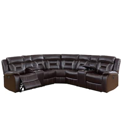 Lof Power Reclining Sectional Sofa Set, USB Port, Brown Gel Faux Leather