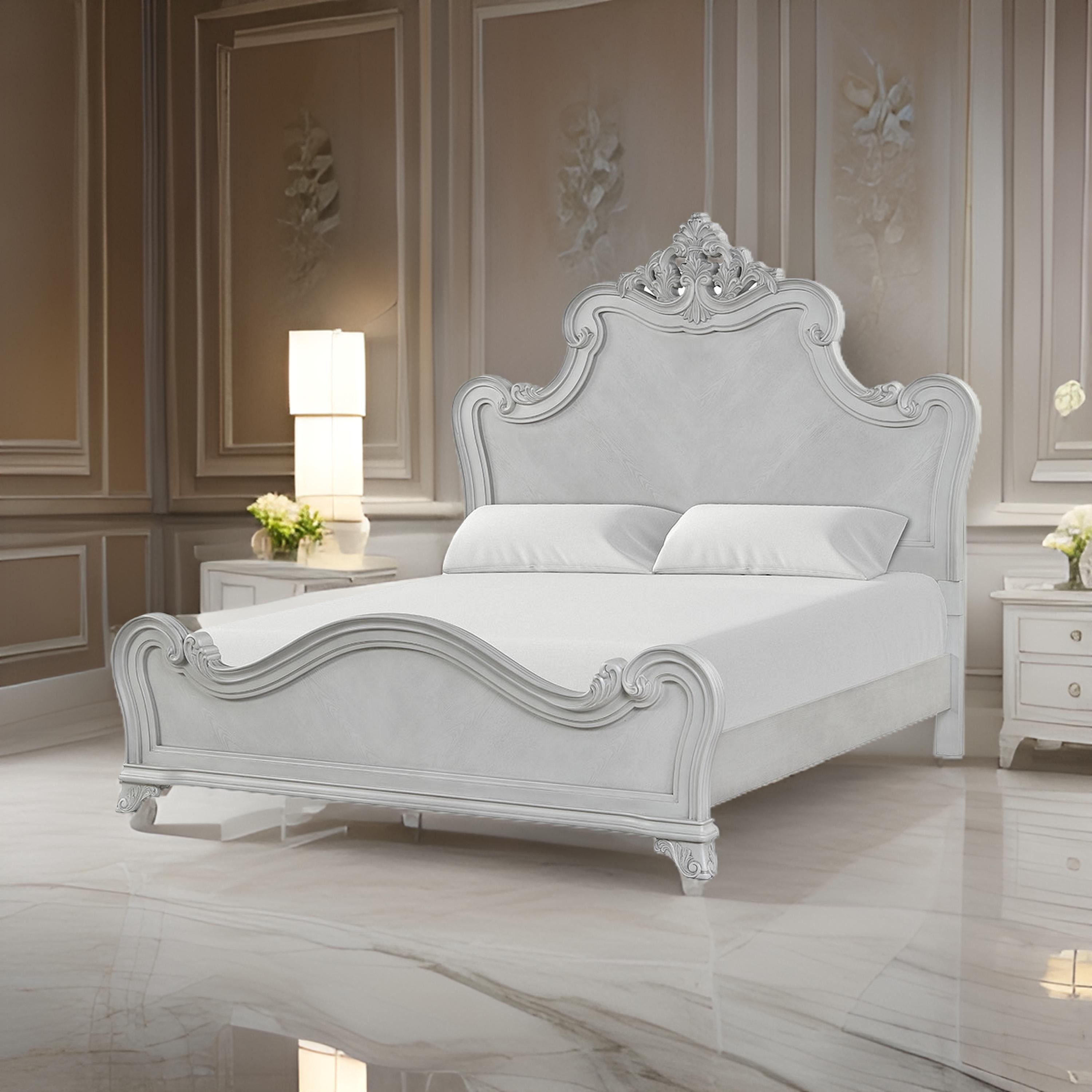 Hailey Queen Size Bed, Traditional Carved Ornate Details, Mist